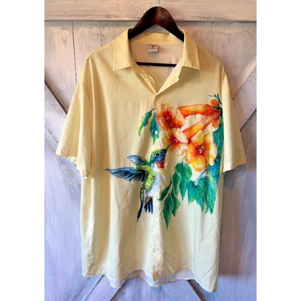 ALOHA Brand Yellow Hawaiian Shirt Humminbird Flowers Luau Men's XL Button Top